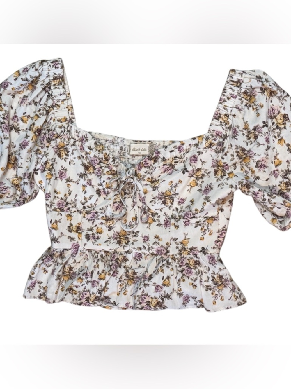 Altar'd State Ivory Floral Smocked Peasant Sleeve Cottagecore Crop Top XS summer